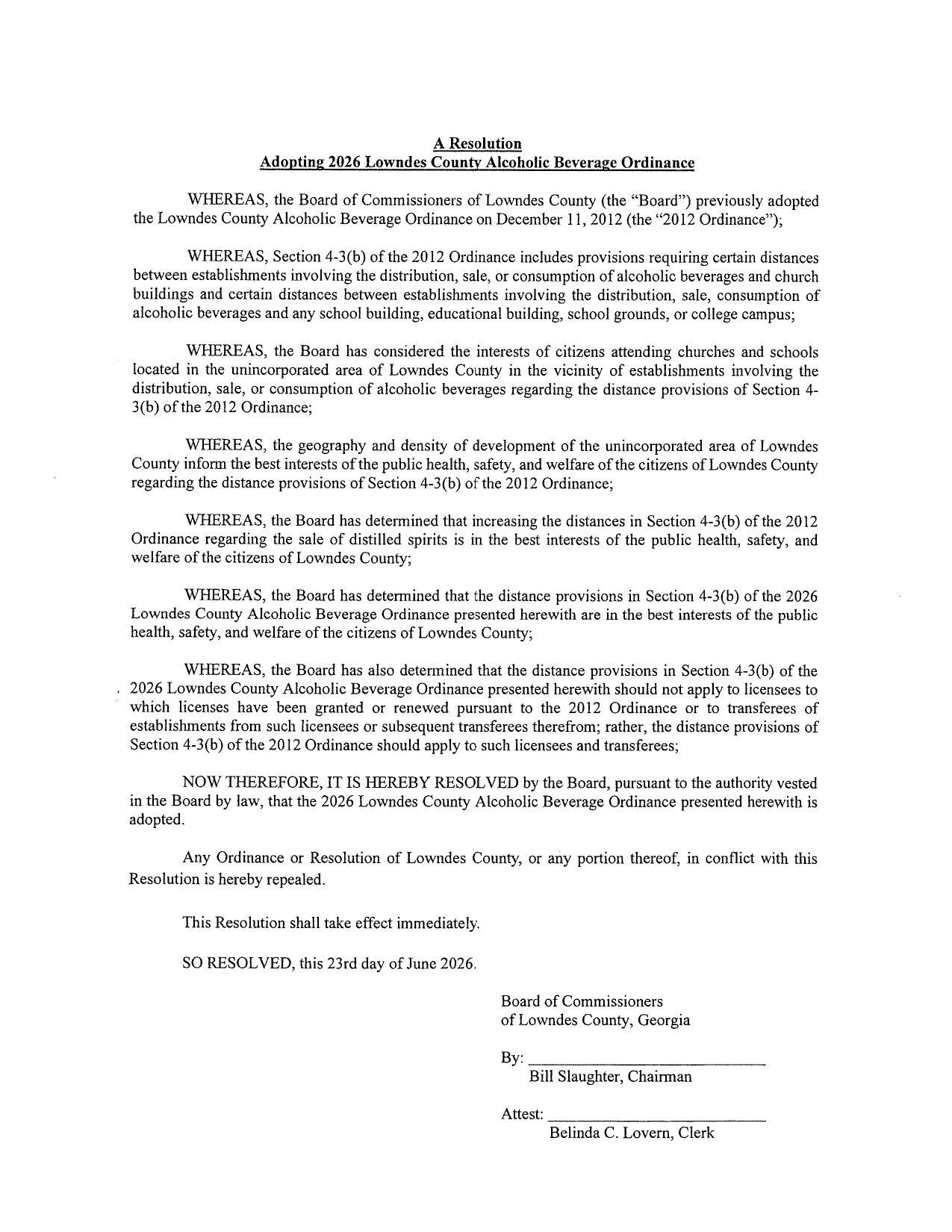 A Resolution Adopting 2026 Lowndes County Alcoholic Beverage Ordinance