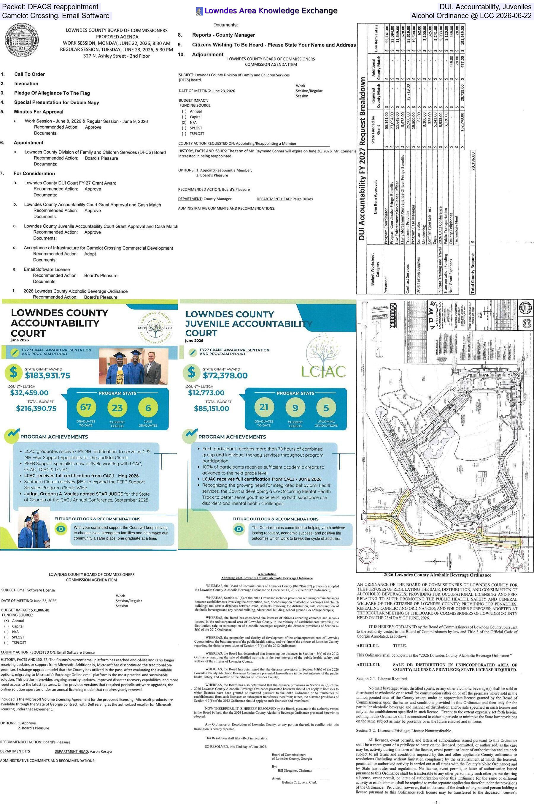 Packet: DFACS reappointment, DUI, Accountability, Juveniles, Camelot Crossing, Email Software, Alcohol Ordinance @ LCC 2026-06-22