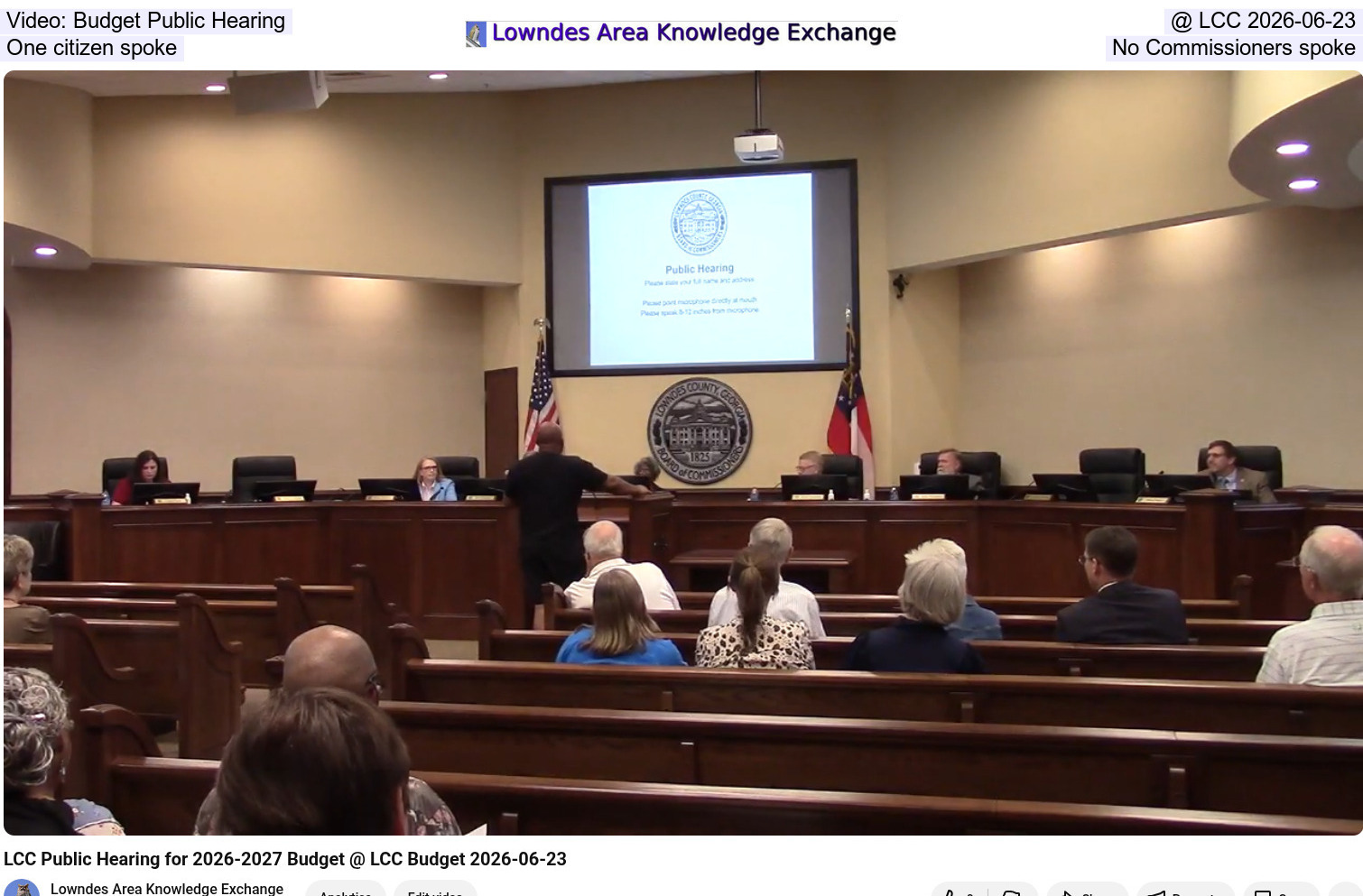 Video: Budget Public Hearing @ LCC 2026-06-23, One citizen spoke, No Commissioners spoke