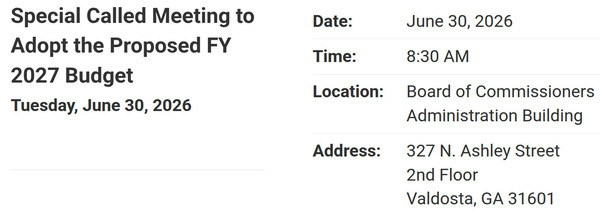 [Notice: Special Called Meeting to Adopt Proposed FY 2027 Budget 2026-06-30 --Lowndes County Commission]