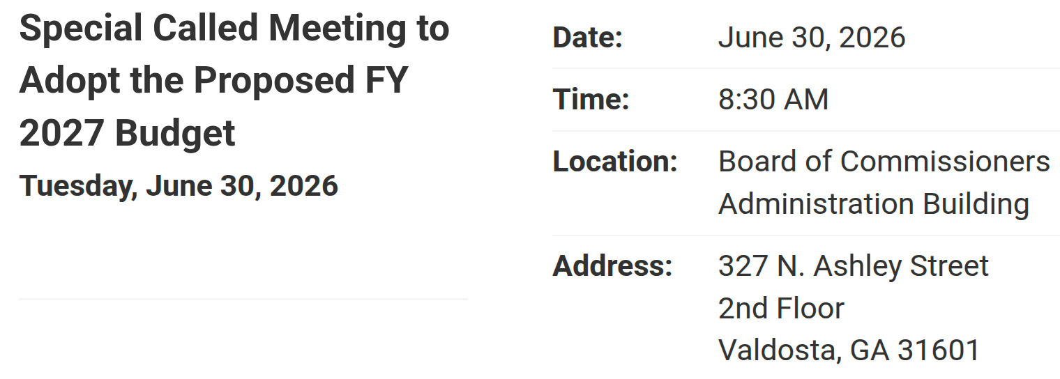 Notice: Special Called Meeting to Adopt Proposed FY 2027 Budget 2026-06-30 --Lowndes County Commission