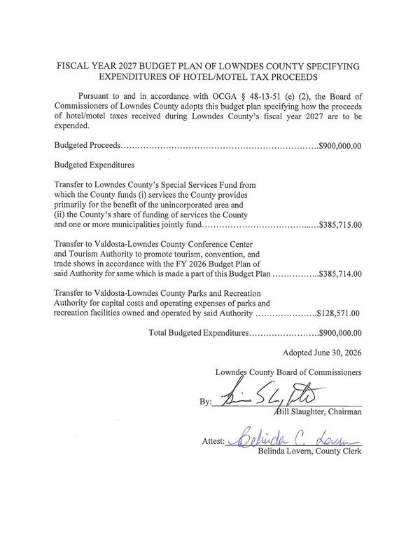 [FISCAL YEAR 2027 BUDGET PLAN OF LOWNDES COUNTY SPECIFYING EXPENDITURES OF HOTEL/MOTEL TAX PROCEEDS]