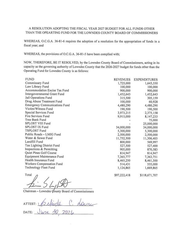 [A RESOLUTION ADOPTING THE FISCAL YEAR 2027 BUDGET FOR ALL FUNDS OTHER THAN THE OPEARTING FUND FOR THE LOWNDES COUNTY BOARD OF COMMISSIONERS]