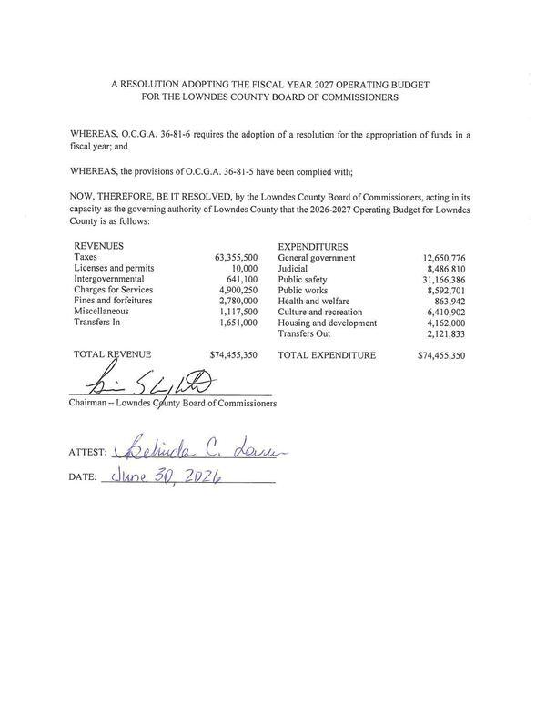 [A RESOLUTION ADOPTING THE FISCAL YEAR 2027 OPERATING BUDGET FOR THE LOWNDES COUNTY BOARD OF COMMISSIONERS]