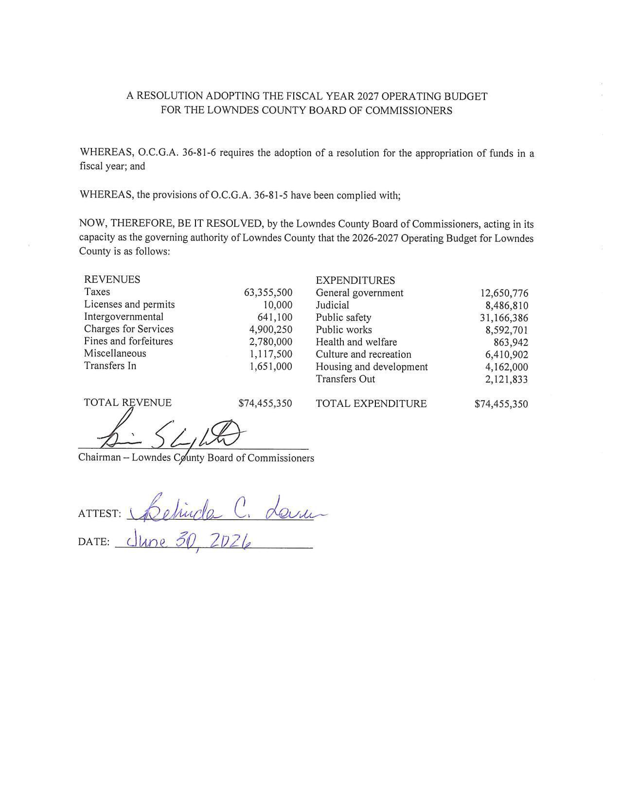 A RESOLUTION ADOPTING THE FISCAL YEAR 2027 OPERATING BUDGET FOR THE LOWNDES COUNTY BOARD OF COMMISSIONERS