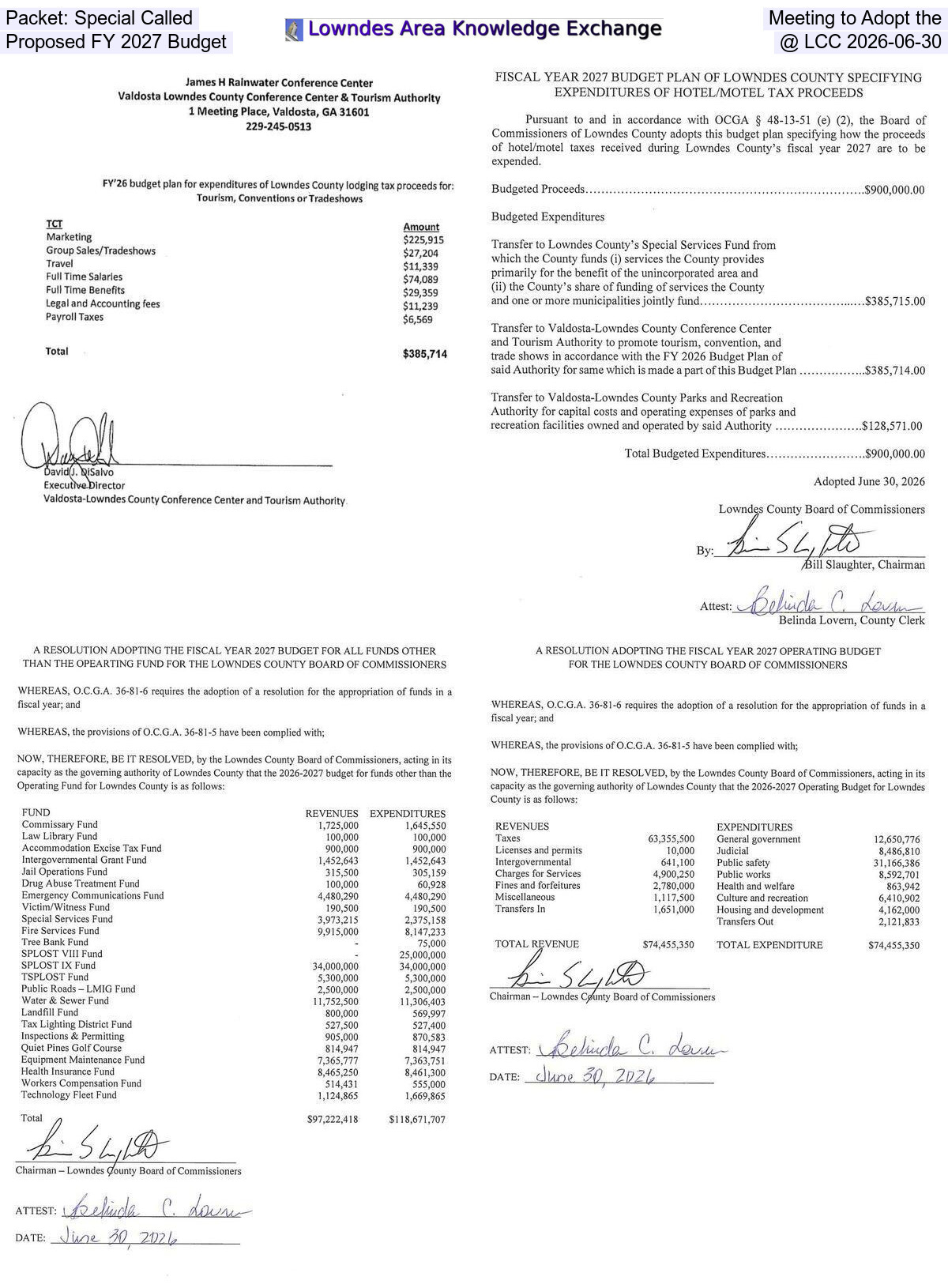 [Packet: Special Called Meeting to Adopt the Proposed FY 2027 Budget @ LCC 2026-06-30]