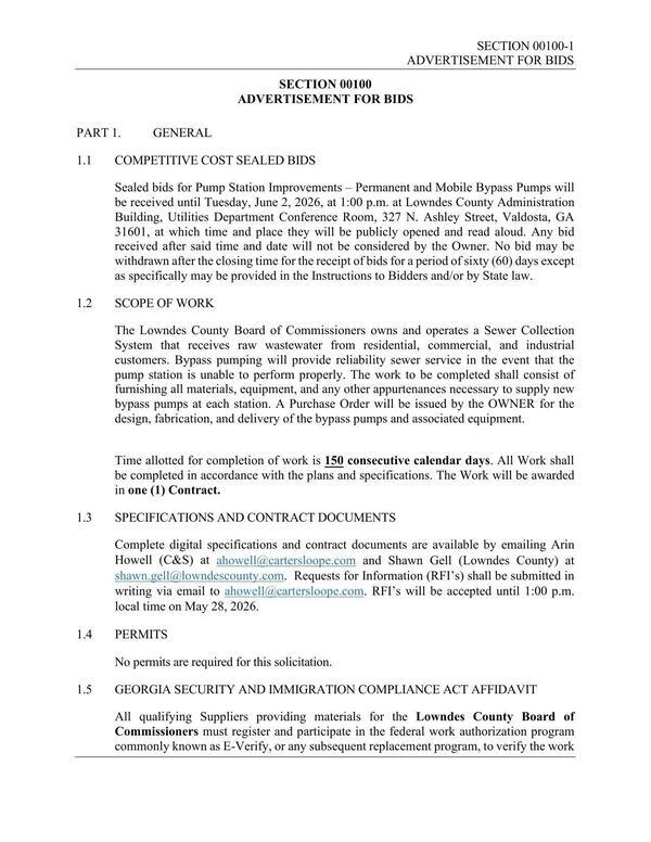[Advertisement for Bids for Pump Station Improvements – Permanent and Mobile Bypass Pumps]