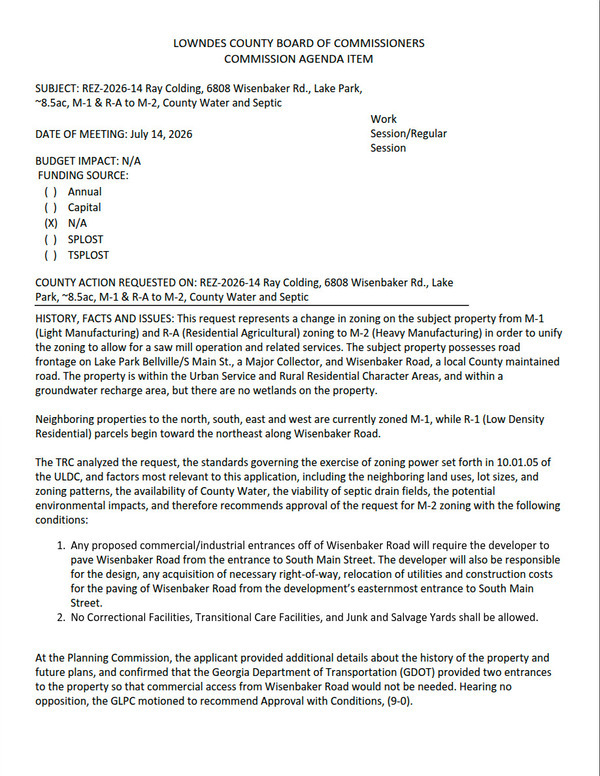 [6.a. REZ-2026-14 Ray Colding, 6808 Wisenbaker Rd., Lake Park, ~8.5ac, M1 & R-A To M-2, County Water And Septic]