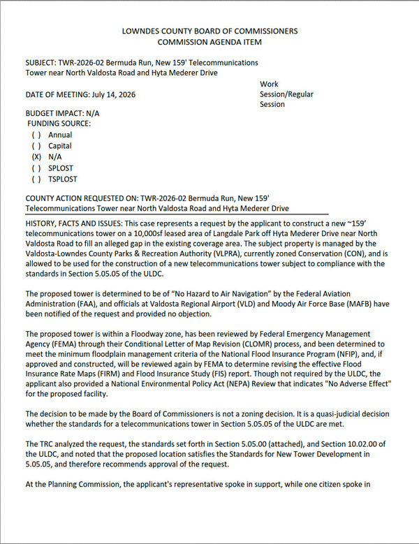 [6.b. TWR-2026-02 Bermuda Run, New 159' Telecommunications Tower Near North Valdosta Road And Hyta Mederer Drive]