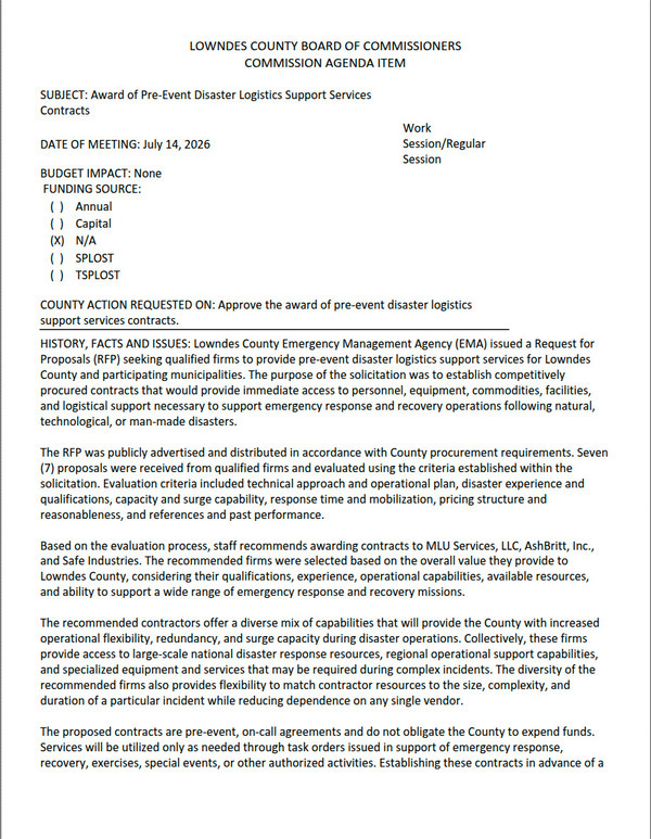 [7.a. Award Of Pre-Event Disaster Logistics Support Services Contracts]