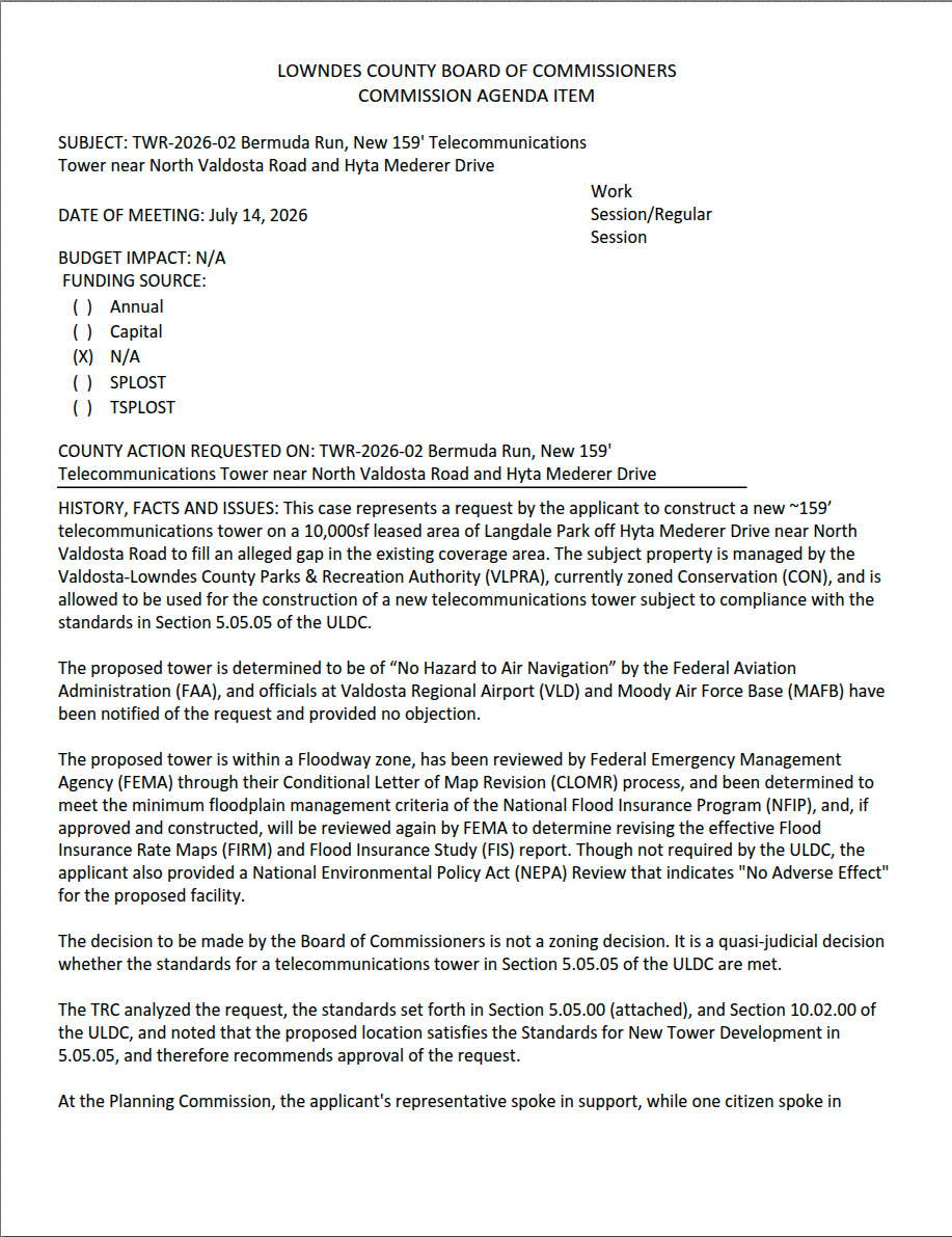 6.b. TWR-2026-02 Bermuda Run, New 159' Telecommunications Tower Near North Valdosta Road And Hyta Mederer Drive