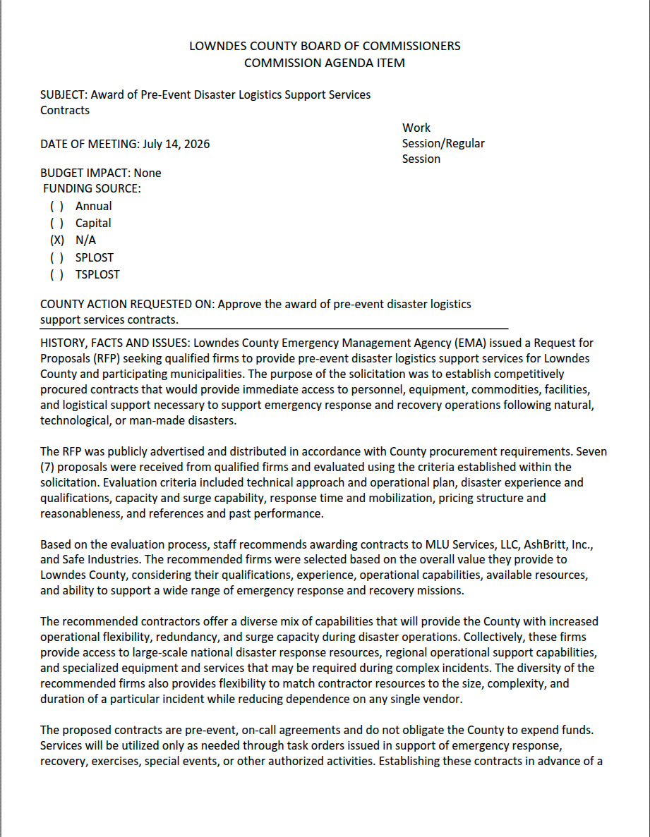 7.a. Award Of Pre-Event Disaster Logistics Support Services Contracts