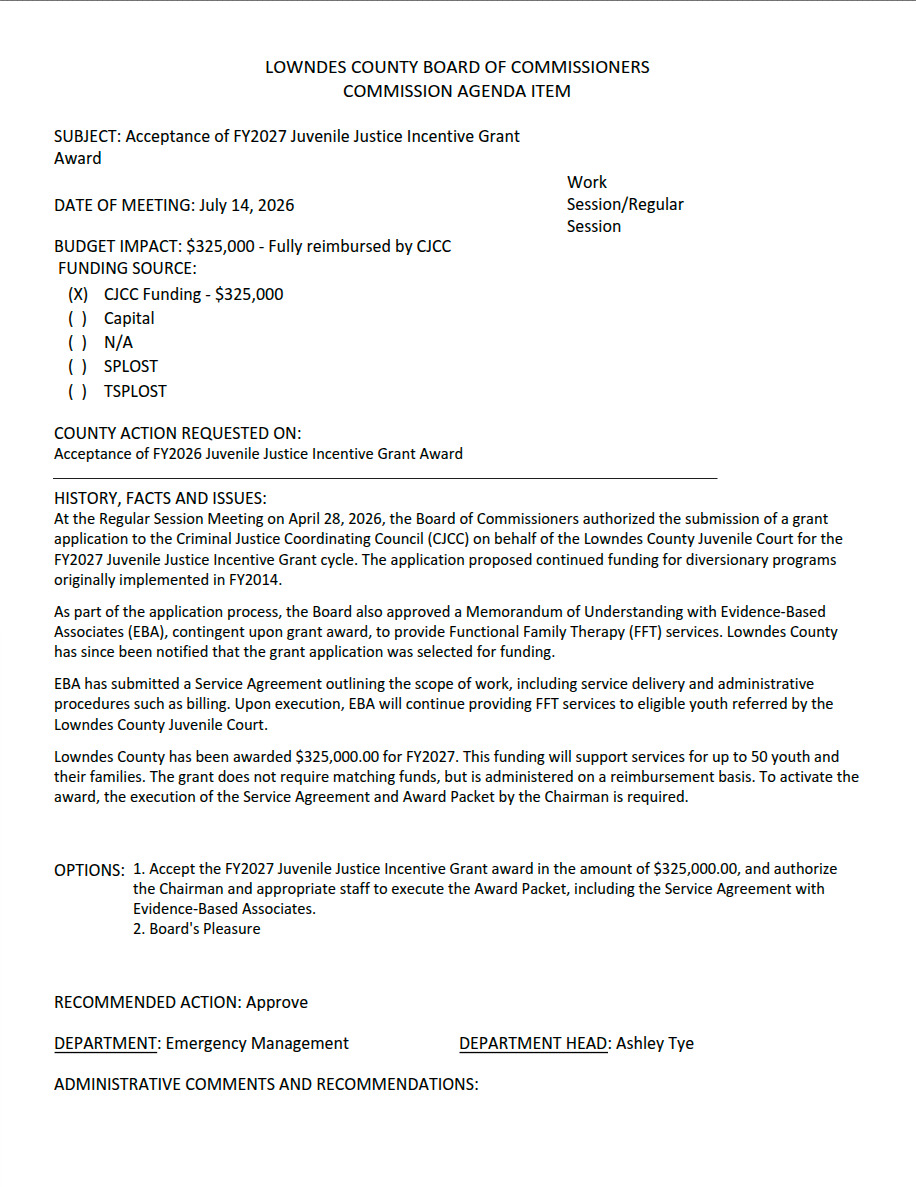 7.b. Acceptance Of FY2027 Juvenile Justice Incentive Grant Award