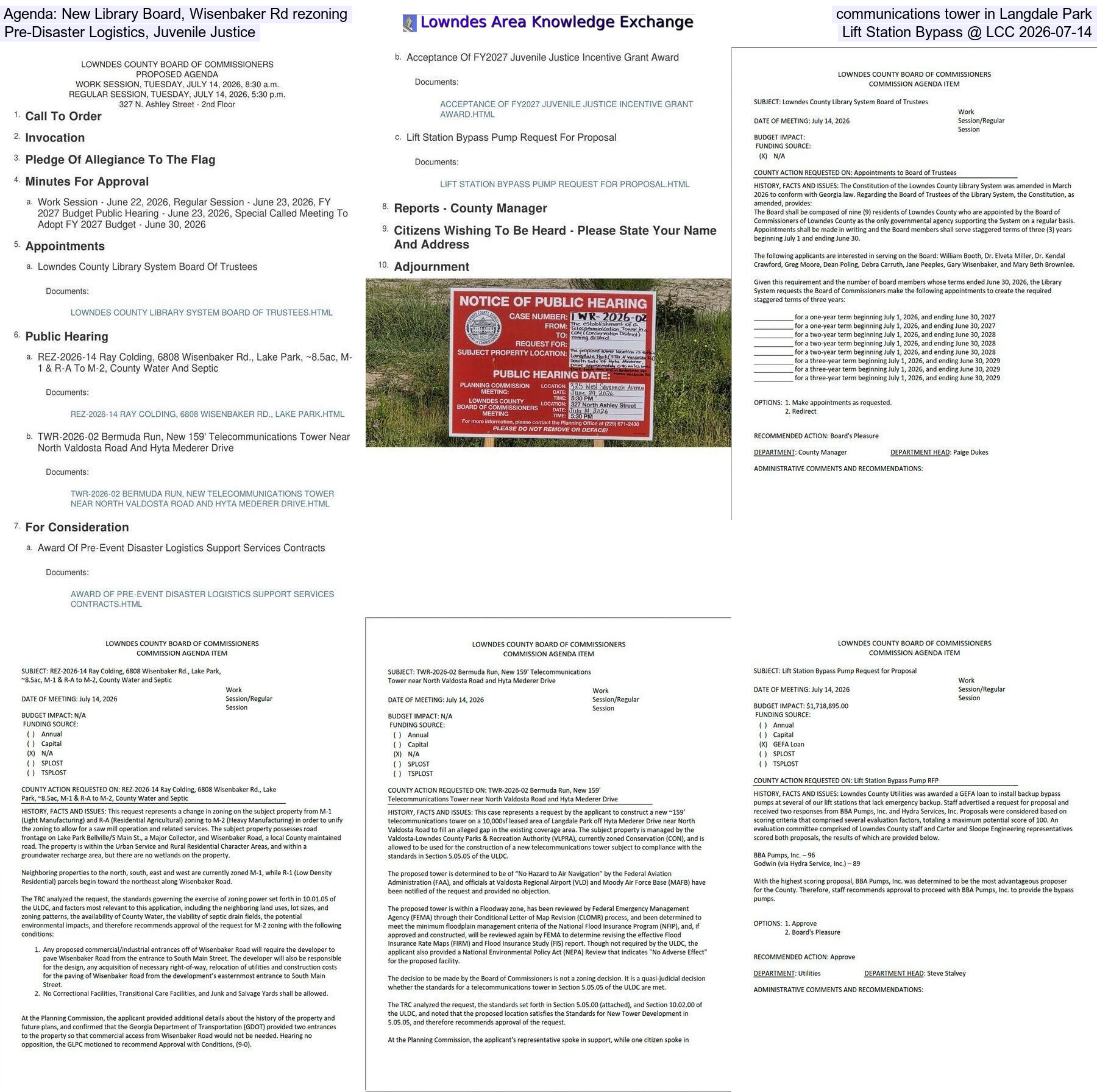 [Agenda: New Library Board, Wisenbaker Rd rezoning, communications tower in Langdale Park, Pre-Disaster Logistics, Juvenile Justice, Lift Station Bypass @ LCC 2026-07-14]