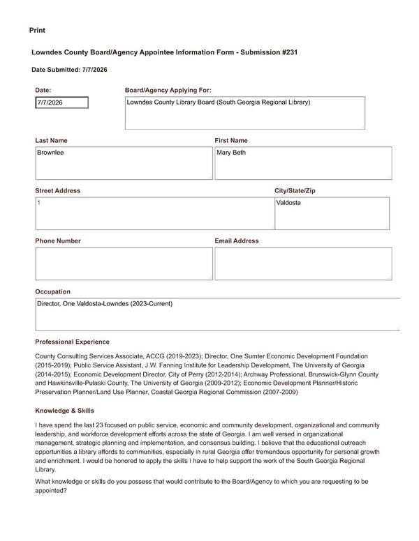 [Application of Mary Beth Brownlee]