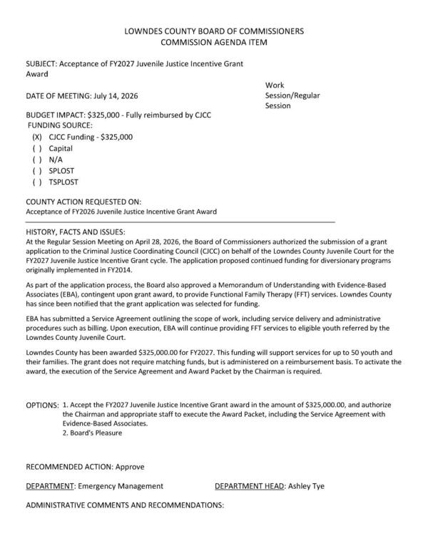 [BUDGET IMPACT: $325,000 - Fully reimbursed by CJCC]