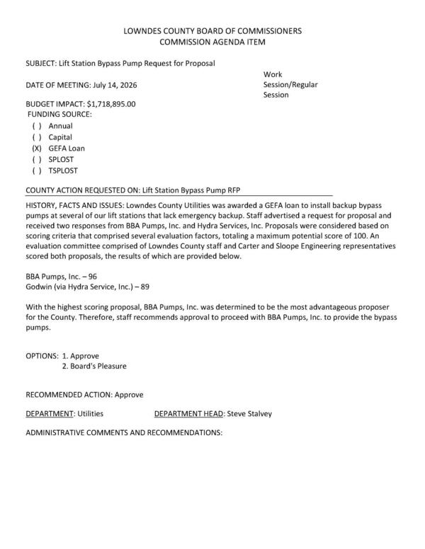 [BUDGET IMPACT: $1,718,895.00 FUNDING SOURCE: (X) GEFA Loan; two bids, BBA Pumps scored highest]