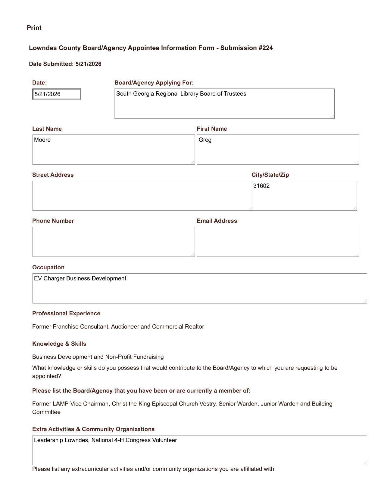 Application of Greg Moore