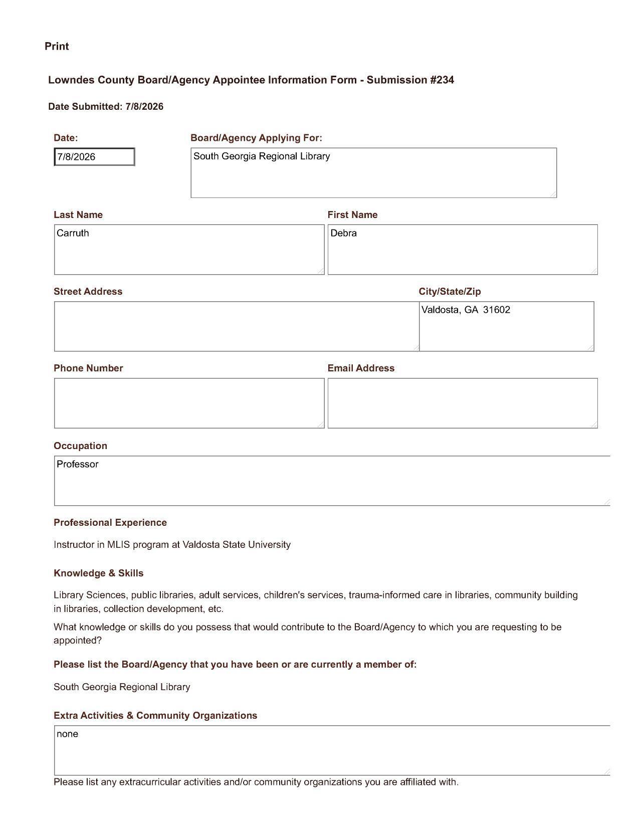 Application of Debra Carruth