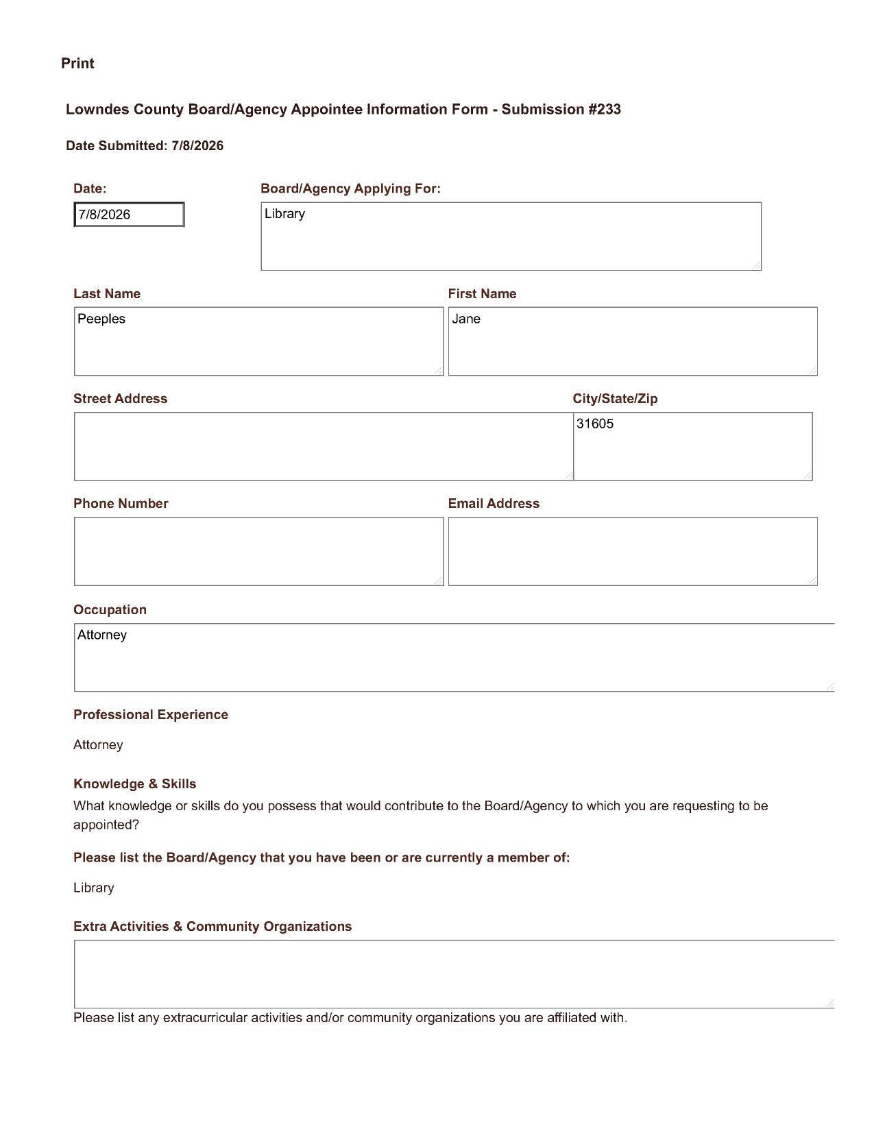 Application of Jane Peeples