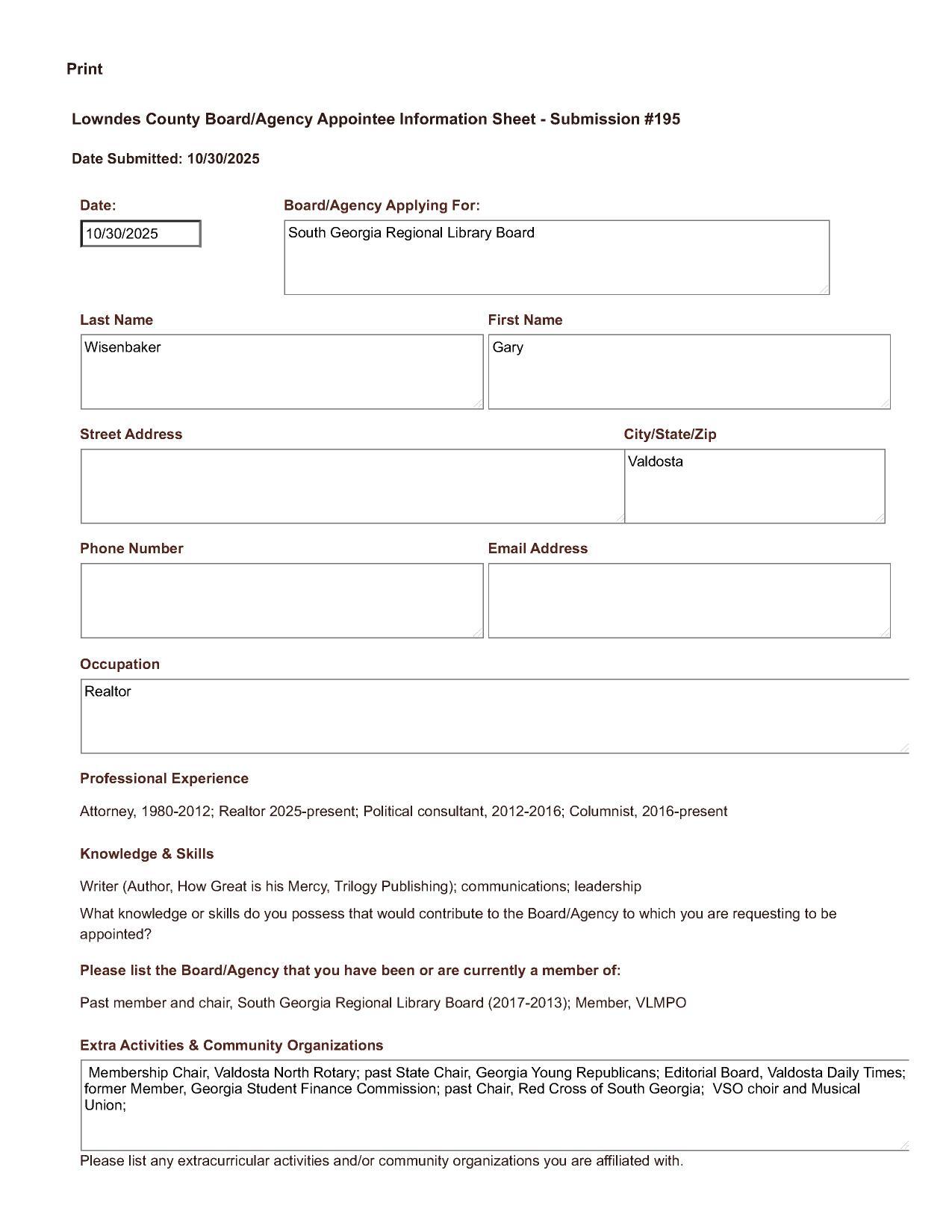 Application of Gary Wisenbaker