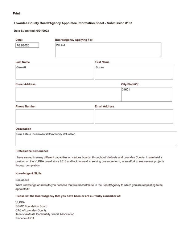 Suzan Garnett application