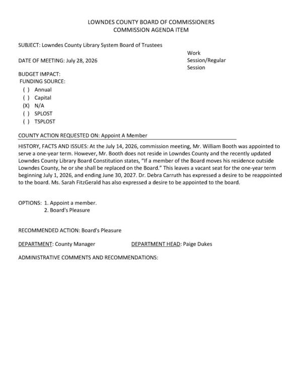 [William Booth does not resize in Lowndes County. Debra Carruth and Sarah FitzGerald are candidates.]