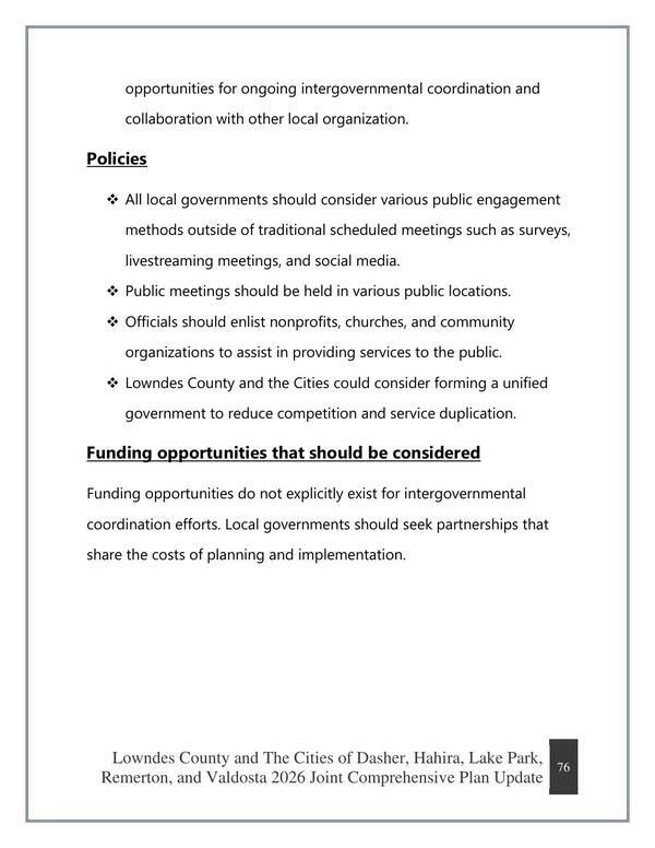 Policies, Funding opportunities that should be considered
