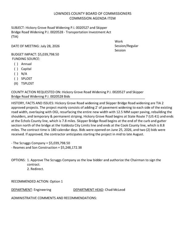 [BUDGET IMPACT: $5,039,798.50, The project mainly consists of adding 2' of pavement widening to each side of the existing road width, overlaying with OGI, resurfacing the entire new width with 12.5 MM super paving, rebuilding the shoulders, and temporary & permanent striping.]