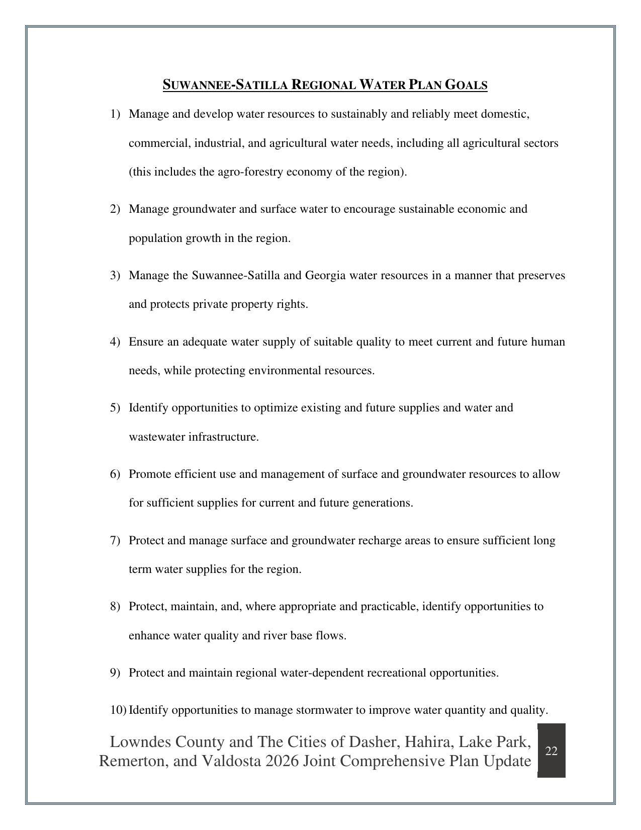 SUWANNEE-SATILLA REGIONAL WATER PLAN GOALS