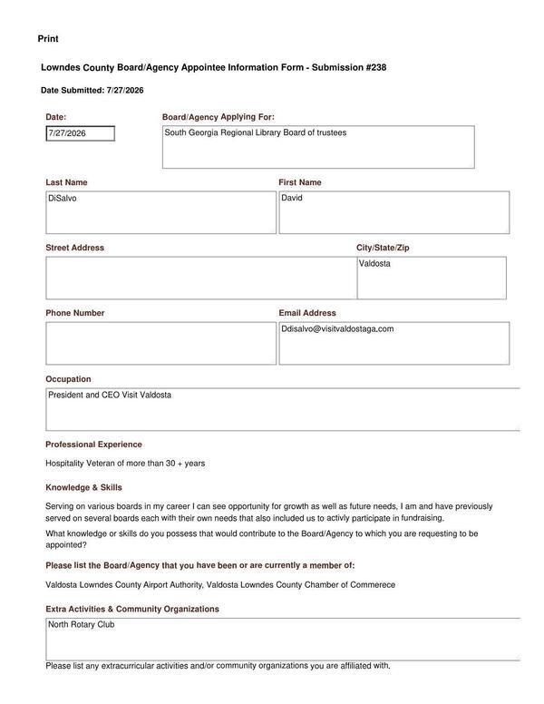 [David Disalvo Information Form for Lowndes County Library Board]
