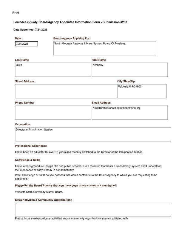 [Kimberly Cliett Information Form for Lowndes County Library Board]