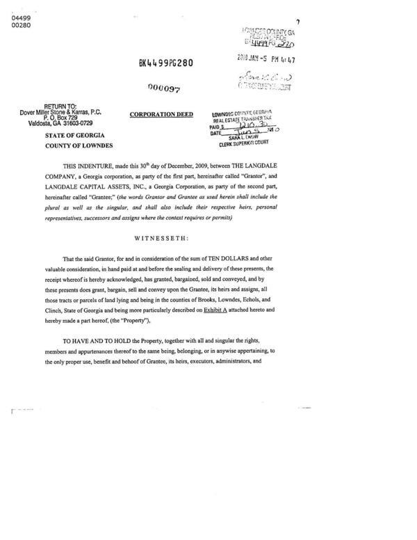 [Deed, 2009-12-30, Grantor: The Langdale Company, Grantee: Langdale Capital Assets, Inc., for and in consideration of the sum of TEN DOLLARS and other valuable consideration]