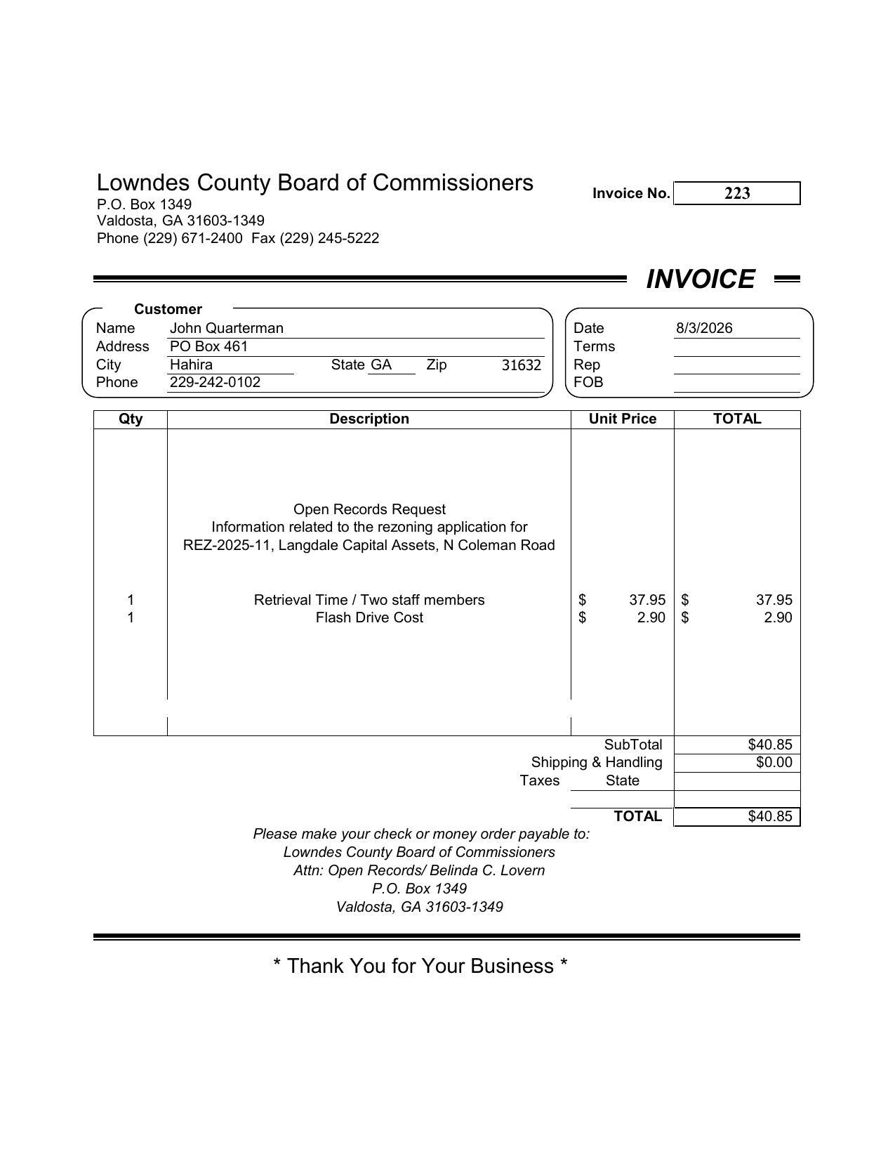 John Quarterman ORR Invoice No. 223 2026-08-03 --Lowndes County BoC