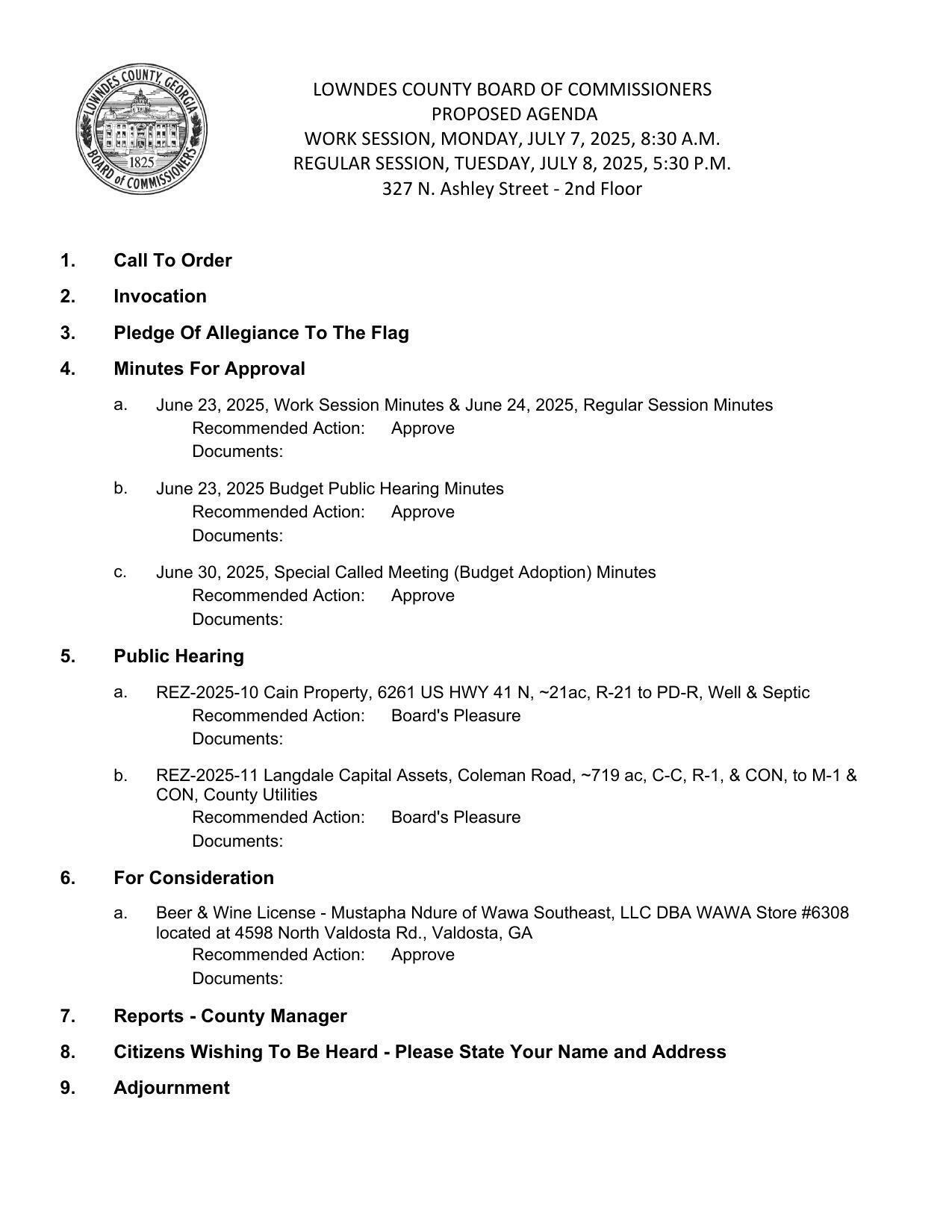 July 8, 2025 Meeting Agenda, Lowndes County Commission