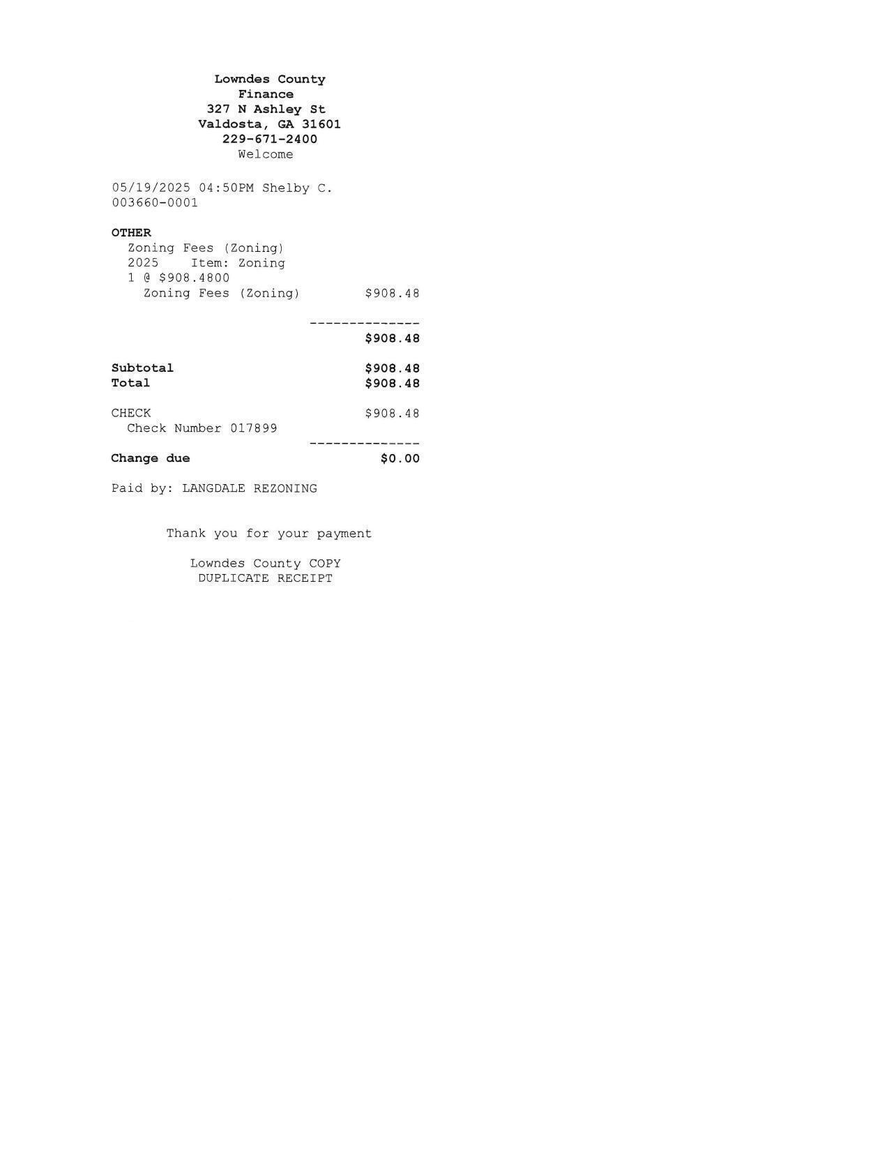 Receipt for $908.48 2025-05-19 ULDC Application