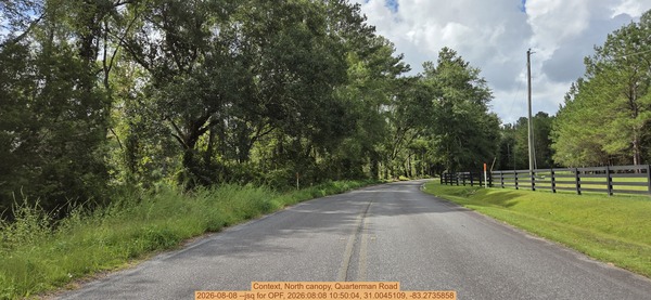Context, North canopy, Quarterman Road, 2026-08-08 --jsq for OPF, 2026:08:08 10:50:04, 31.0045109, -83.2735858