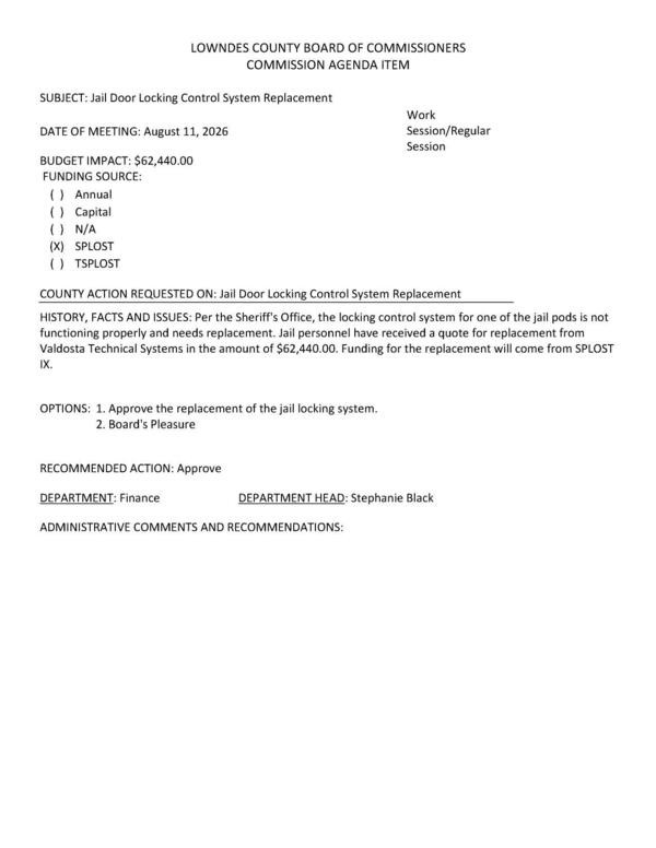 [BUDGET IMPACT: $62,440.00 FUNDING SOURCE: SPLOST IX]