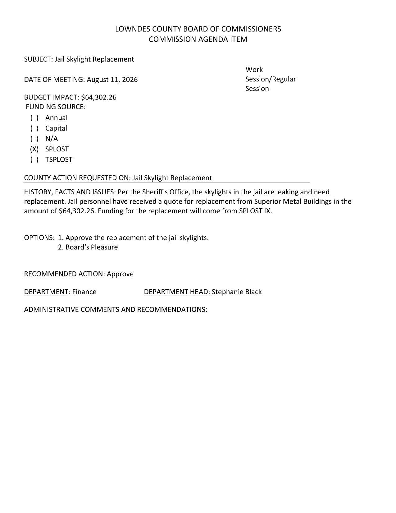 BUDGET IMPACT: $64,302.26 FUNDING SOURCE: SPLOST IX
