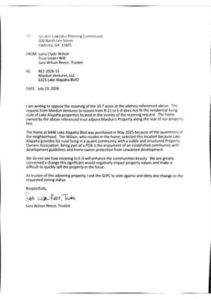 [Opposition letter from Sara Wilson Reece, Trustee for Larry Clyde Wilson]