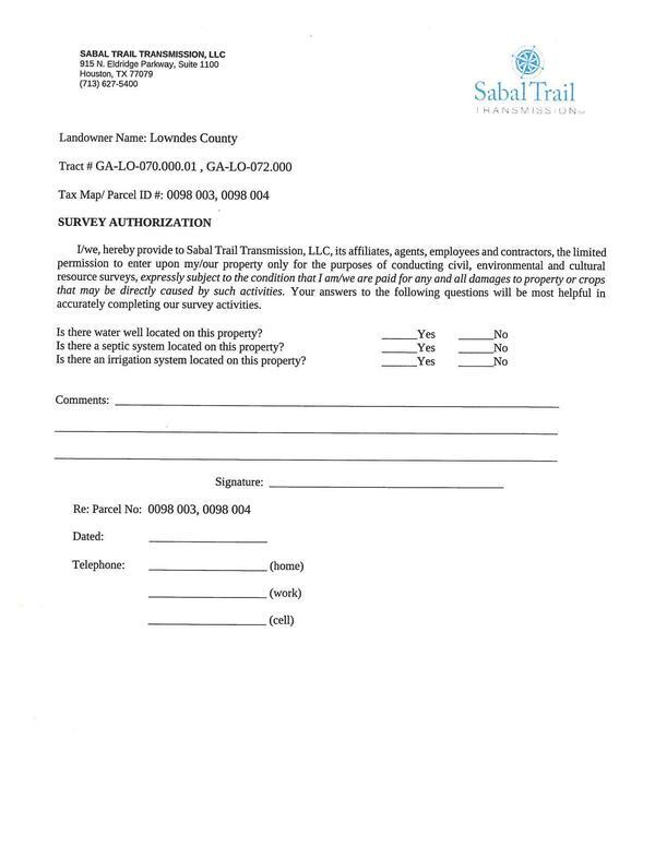[SURVEY AUTHORIZATION, Landowner Name: Lowndes County, Tract # GA-LO-070.000.01 , GA-LO-072.000, Tax Map/ Parcel ID #: 0098 003, 0098 004]