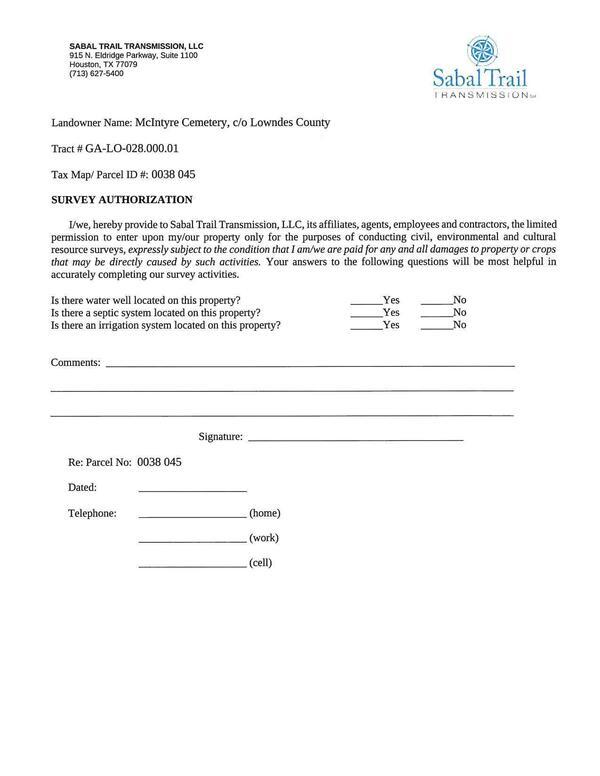[SURVEY AUTHORIZATION, Landowner Name: McIntyre Cemetery, c/o Lowndes County, Tract # GA-LO-028.000.01, Tax Map/ Parcel ID #: 0038 045]