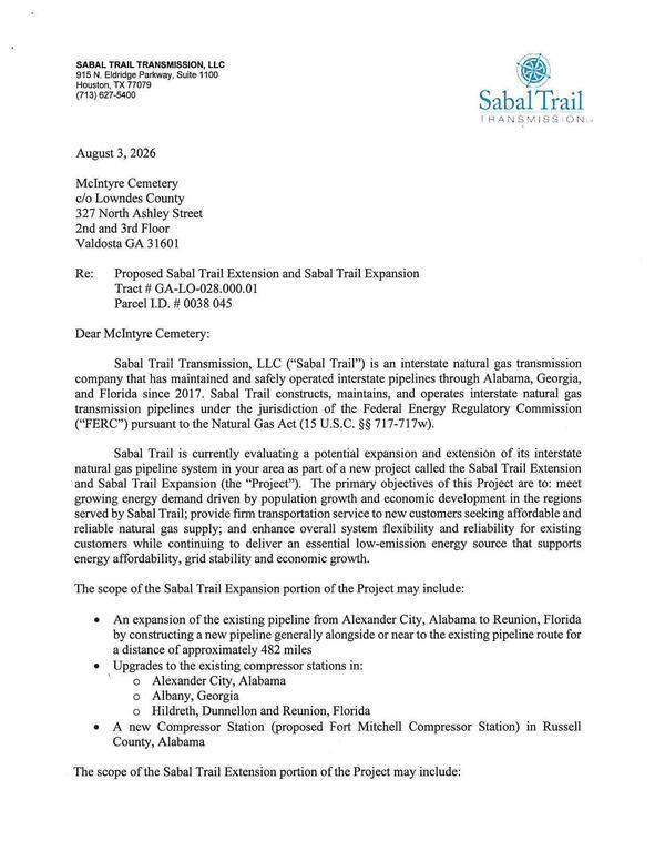 [Dear McIntyre Cemetery: Re: Proposed Sabal Trail Extension and Sabal Trail Expansion, Tract # GA-LO-028.000.01, Parcel ID. # 0038 045]