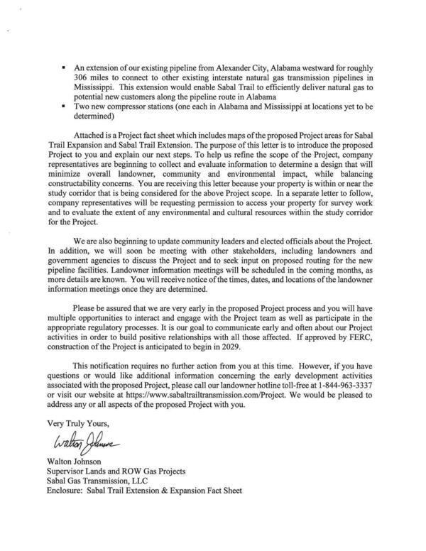 [Walton Johnson, Supervisor Lands and ROW Gas Projects, Sabal Gas Transmission, LLC]
