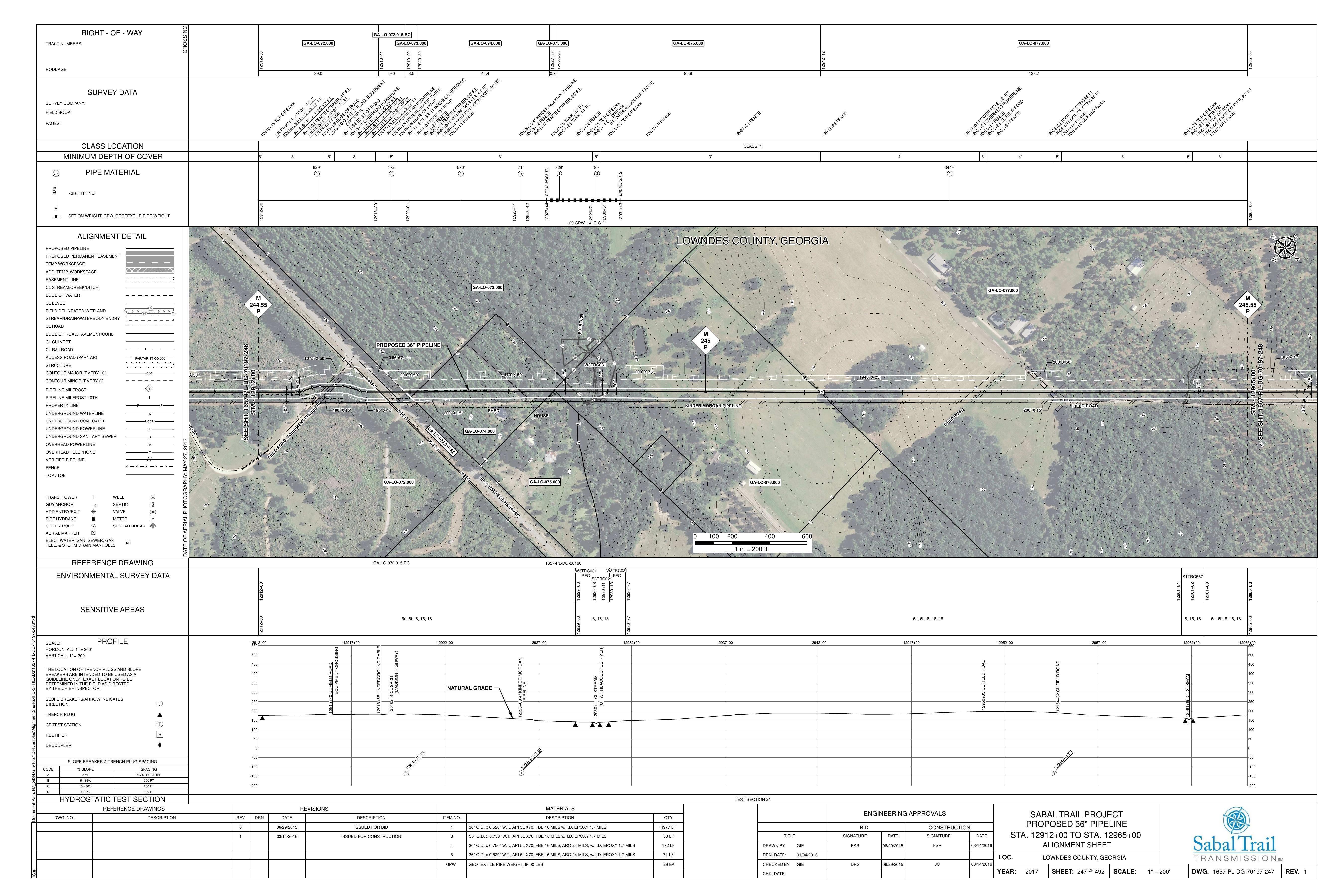 1657-PL-DG-70197-247, STA. 12912+00 TO STA. 12965+00, MP 244.55, MP 245, MP 245.55, Unnamed Creek, (UT WITHLACOOCHEE RIVER), 12919+14 CL SR-31, (MADISON HIGHWAY), KINDER MORGAN PIPELINE, LOWNDES COUNTY, GEORGIA, 2026-03-14, 30.6718150, -83.3170220, Sabal Trail Alignment Maps by Lowndes Area Knowledge Exchange (LAKE)