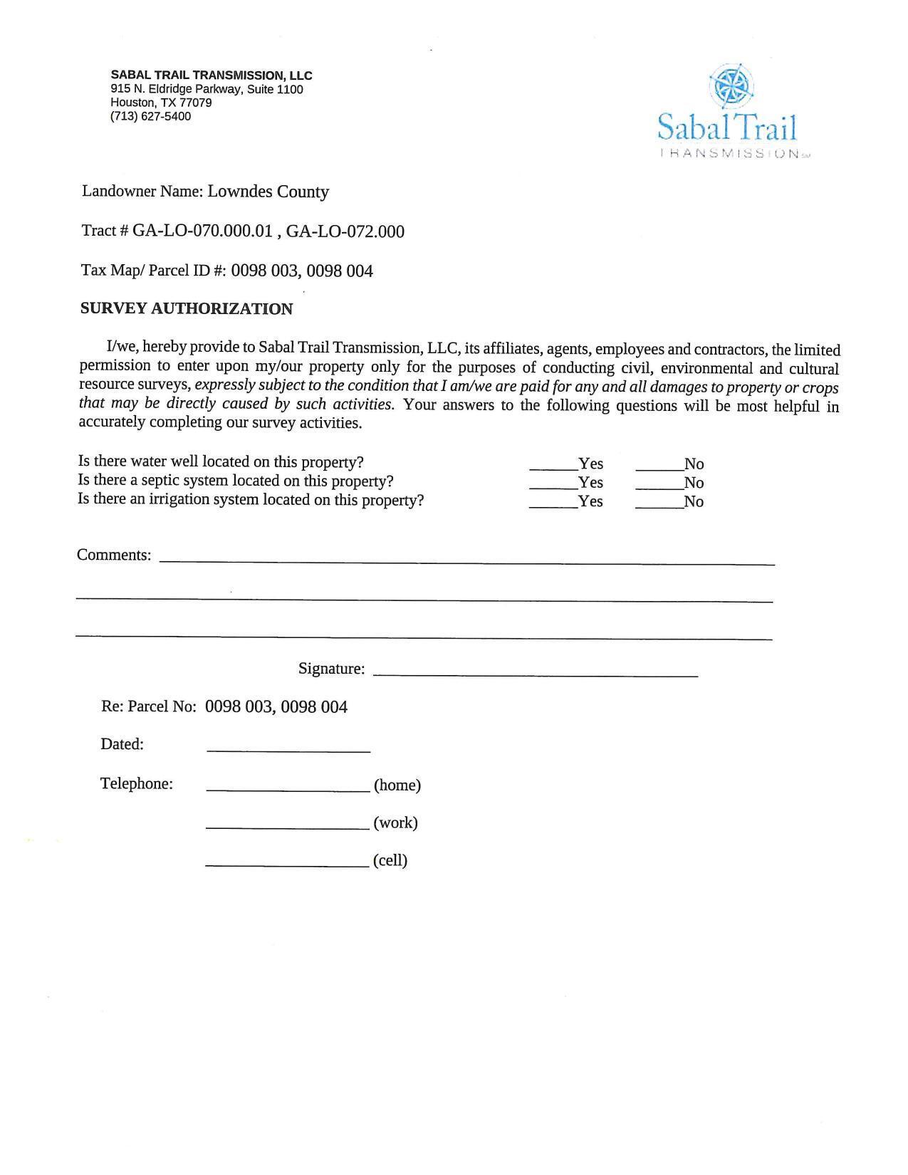 SURVEY AUTHORIZATION, Landowner Name: Lowndes County, Tract # GA-LO-070.000.01 , GA-LO-072.000, Tax Map/ Parcel ID #: 0098 003, 0098 004