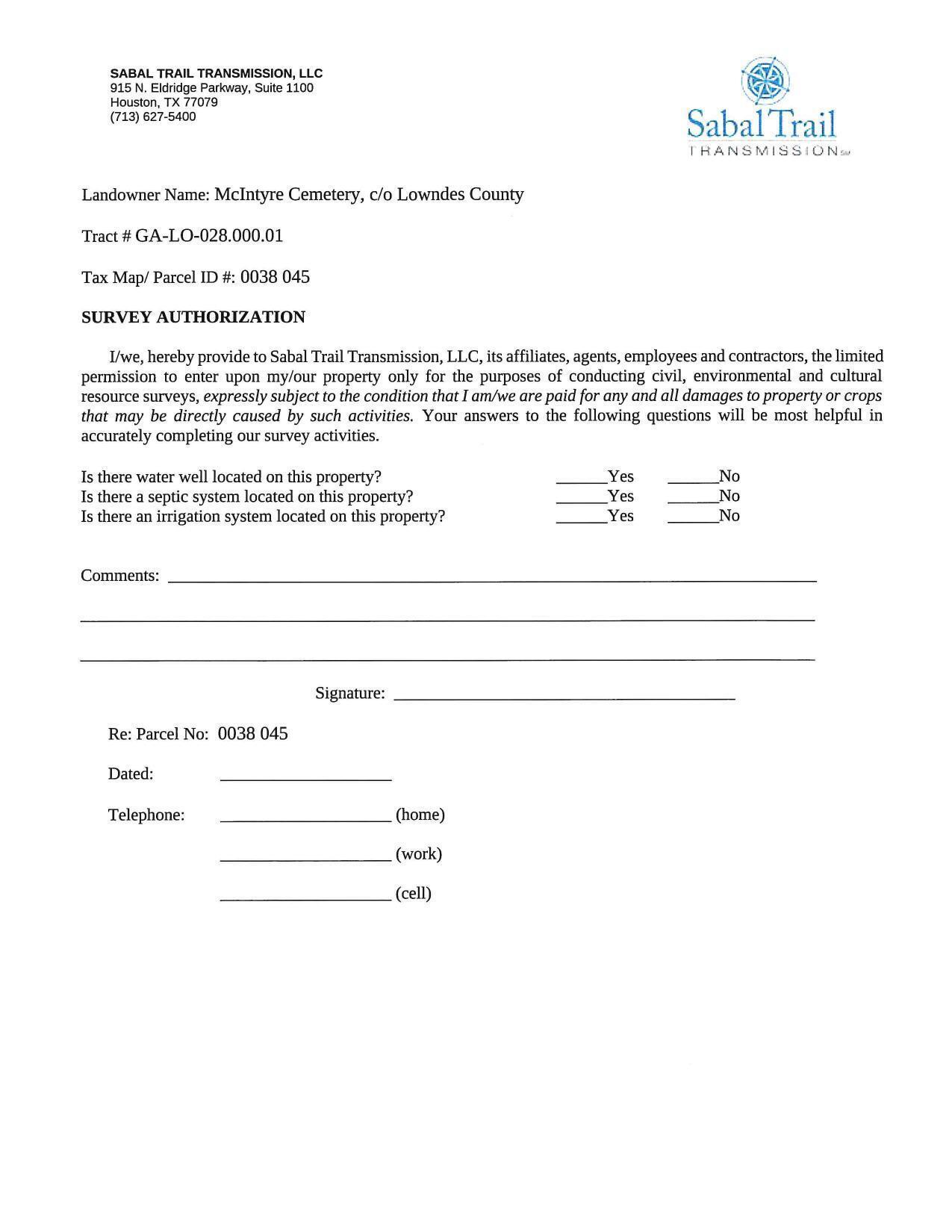 SURVEY AUTHORIZATION, Landowner Name: McIntyre Cemetery, c/o Lowndes County, Tract # GA-LO-028.000.01, Tax Map/ Parcel ID #: 0038 045