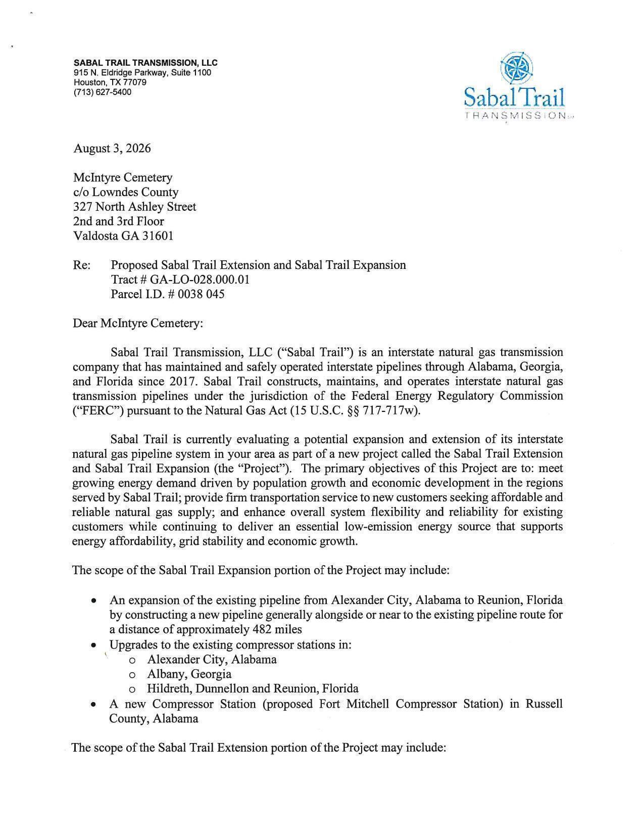 Dear McIntyre Cemetery: Re: Proposed Sabal Trail Extension and Sabal Trail Expansion, Tract # GA-LO-028.000.01, Parcel ID. # 0038 045