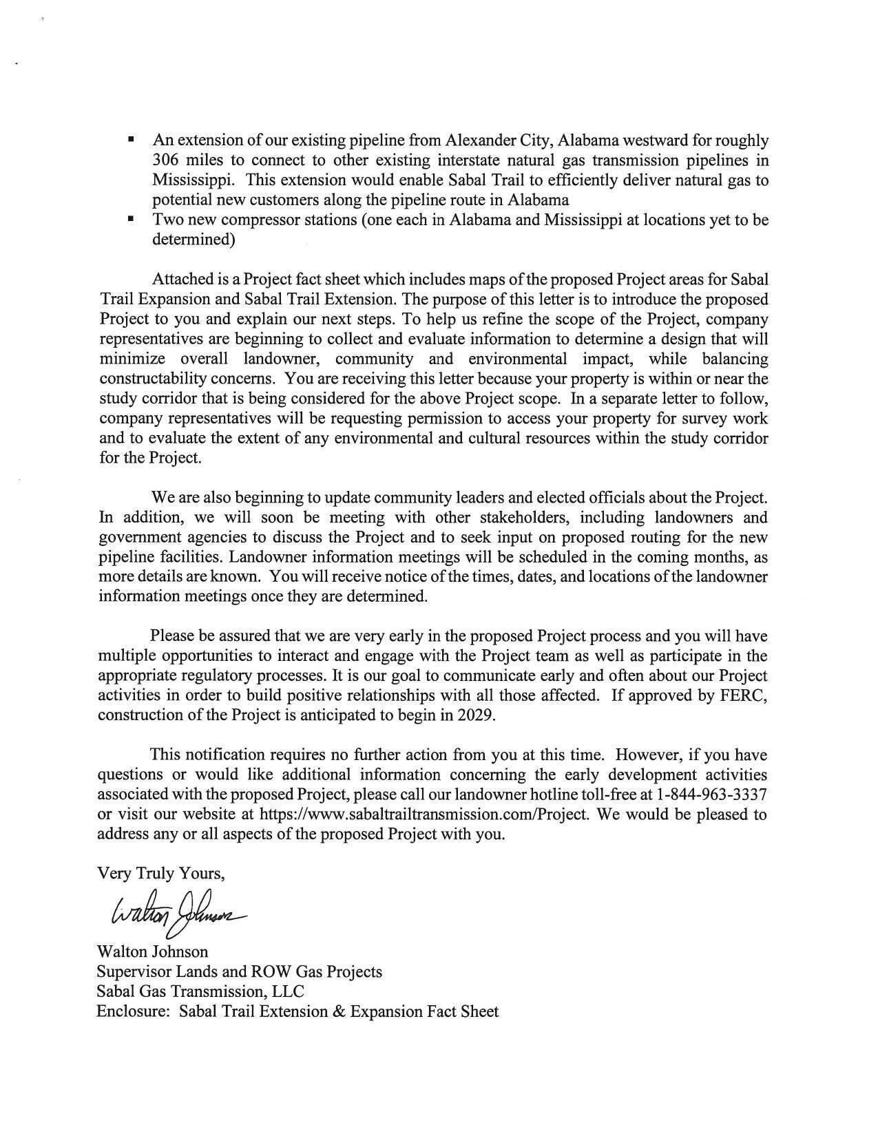 Walton Johnson, Supervisor Lands and ROW Gas Projects, Sabal Gas Transmission, LLC