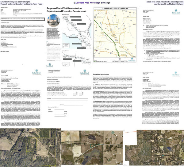 [Lowndes County has been talking to Sabal Trail since July, about a second pipeline through McIntyre Cemetery on Knights Ferry Road, and the landfill on Madison Highway]